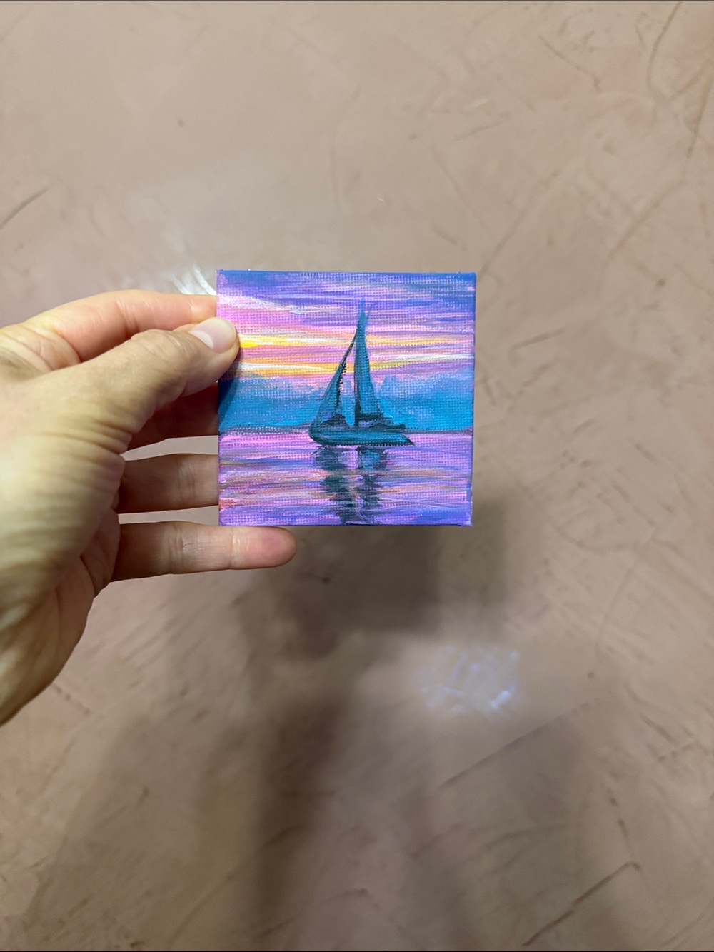 Hand-Painted Mini Sailboat Canvas - Purple Blue Sunset